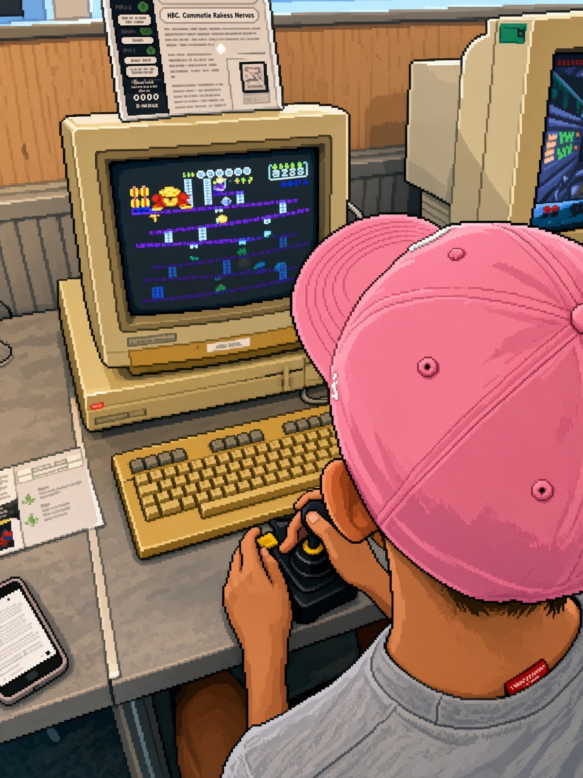 Pixel-art artwork of Malcolm playing at a retro Commodore computer