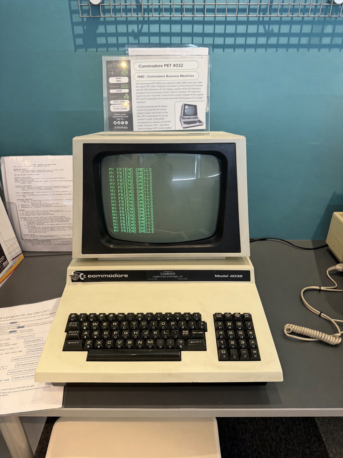 A Commodore PET 4032 running one of our BASIC programs at the museum